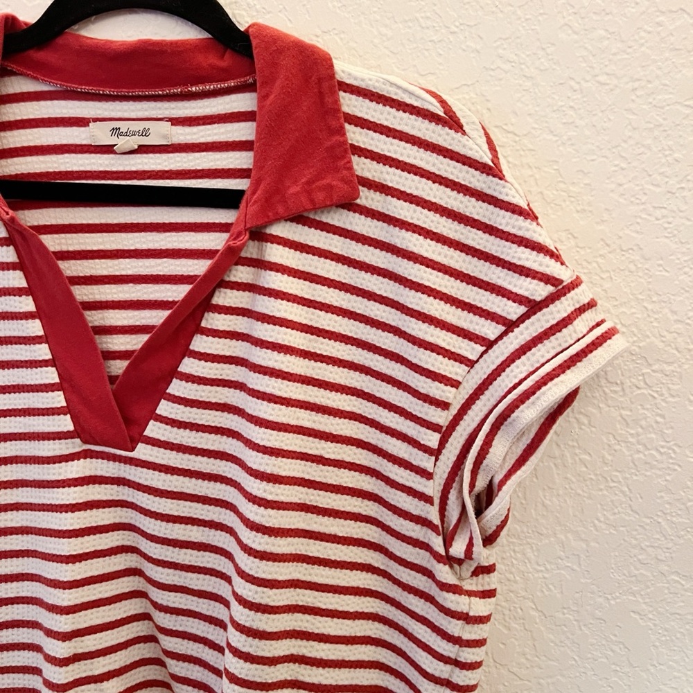 Madewell Red and White Short Sleeve Crop Polo T-shirt - Picture 3 of 6